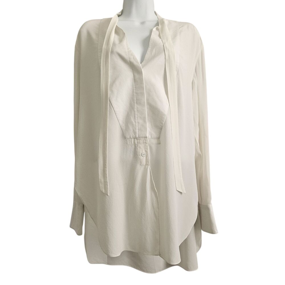 Rag & Bone Freda Tuxedo Shirt Womens M Cream Silk Blend Bow Blouse Luxury - Picture 8 of 12